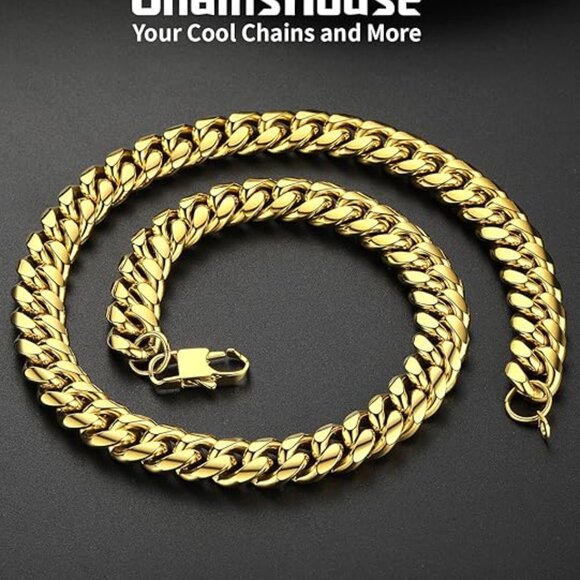 Miami Cuban Link Chain Necklace for Men Stainless Gold-14mm Plated Hip Hop - Picture 3 of 6
